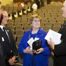 Photo: Winston Ko, Ralph J. Hexter, Elaine Rock and Mike Rock in Peter A. Rock Hall, after the dedication ceremony.