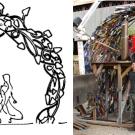 Graphic and photo: Sketch of vine-inspired sculpture featuring old shovelheads, and Christopher Fennell, pictured with work in progress, Bats Baseball