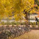 A student skateboards past bicycle racks.