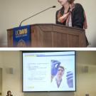 Photos (2): Chancellor Linda P.B. Katehi at the lectern, and a wider shot showing the speaker and her PowerPoint presentation behind her.