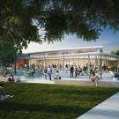 A rendering of the exterior of the future large lecture hall on California Avenue at UC Davis.