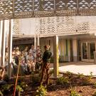 Students outside the Gorman Museum in the landscaping