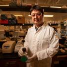 An Asian man with black hair wearing a white lab coat, gloves and safety glasses stands in front of a laboratory bench. 