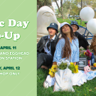 a digital landscape flier is divided into two section. in one section, a green background features white text that reads PICNIC DAY POP-UP. On the right side is a group photo of student models having a picnic wearing clothing featuring the artwork of Robert Arneson's Egghead-shaped sculptures.