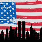 T-shirt design (cropped): New York City skyline superimposed on U.S. flag