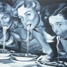 Artist's depiction of women sitting in a row eating pasta 