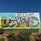 mural of Welcome to Davis on wall, multiple colors