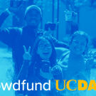 Blue graphic shows people posing for the camera with text: Crowdfund UC Davis