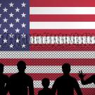 Image of American flag and immigrants on other side of fence