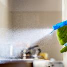 A gloved hand sprays cleaning solution, creating a mist in a bright kitchen setting. Researchers at UC Davis found in a mouse study that chemicals commonly found in disinfectant sprays may be more harmful than once thought. (Getty)