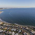 Aerial view of Santa Monica homes and Pacific Ocean