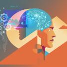 Concept art with the panel divided diagonally from lower left to upper right. Left side in blue tones a robotic face, right side in red/orange tones a human face. 