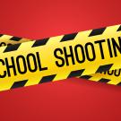 Crime scene tape in yellow with black writing saying "school shooting"
