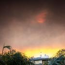 black and gray smoke plume moves over orange sunrise with golden light peaking below above palm trees and a house in Los Angeles