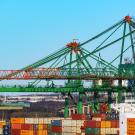container port against blue sky