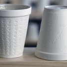 Two porcelain cast Styrofoam teacups for lecture with Amber Ginsburg and Aaron Hughes (courtesy)