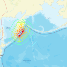 A map of the north eastern Pacific ocean. Colored concentric circles are located towards the left of the image. 