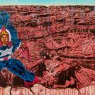 Art work featuring man in native or historic costume against wall in blue and brown