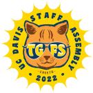 Drawing: Cheeto the cat in sunglasses labeled "TGFS," for Staff Assembly celebration, on backdrop of sun