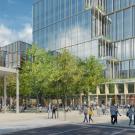 Rendering shows people walking around Aggie Square.