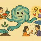 AI-generated drawing of the ChatGPT logo with a smiley face on it and arms extending to hand a book to someone, plant a tree, give ideas, and shield someone from the rain with an umbrella.