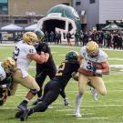 football player runs with ball while others try to tackle him.
