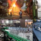 Composite of four images showing, clockwise from top left, molten iron, sheets of shiny metal from a roller, aerial view of a cement plant, plastic bottles on a production line. 