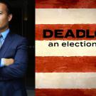 Aaron Tang stands arms crossed with the words "Deadlock An Election Story" on red and white stripes next to him