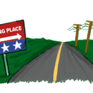 Illustration of a rural, two-lane road with telephone poles on one side and a polling place sign on the other.
