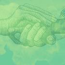 an illustration of hands holding over watercolor brush strokes and green background