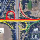 Aerial view of highway interchange with detour route added