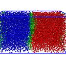 A rectangular box filled with blue spheres on the left side and red spheres on the right. A narrow band of green spheres separates the two sides. 