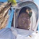 Person wearing bee suit looks down at camera while bees fly around