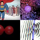 A superhero runs toward a crowd, surrounded by abstract cosmic graphics and wave patterns.