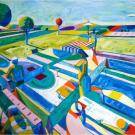 Vibrant abstract painting of a colorful outdoor landscape with geometric patterns and figures.