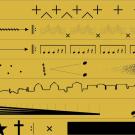 Black graphic shapes and lines on a yellow background, creating abstract designs.