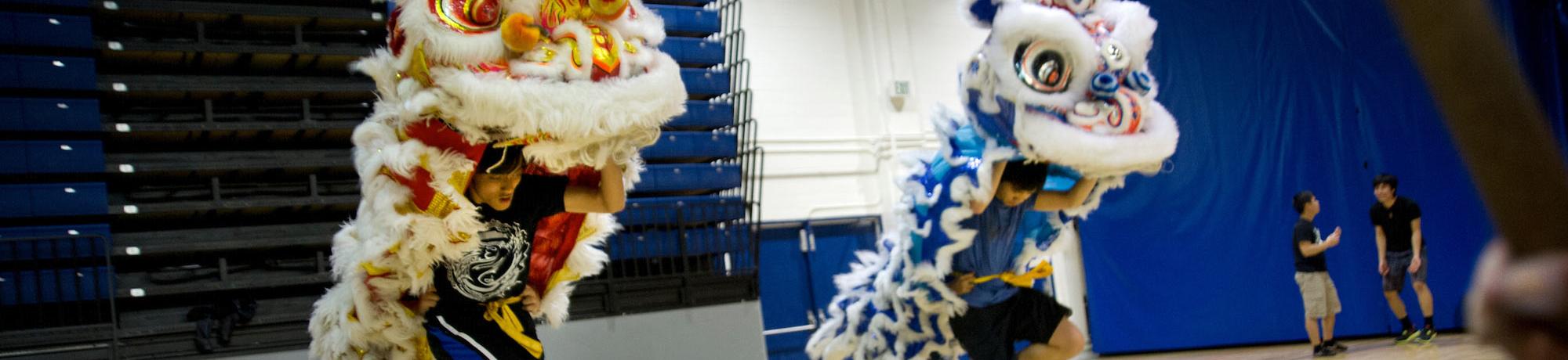 Several students practice the traditional Chinese "Lion Dance"