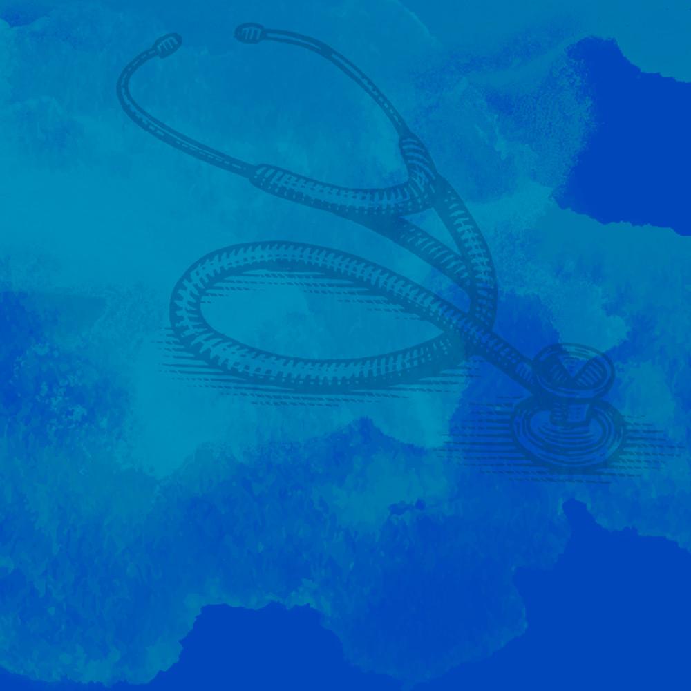 An illustration of a stethoscope over watercolor brush strokes and blue background