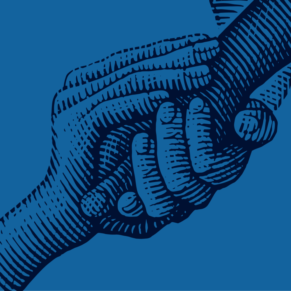 A graphic of clasping hands