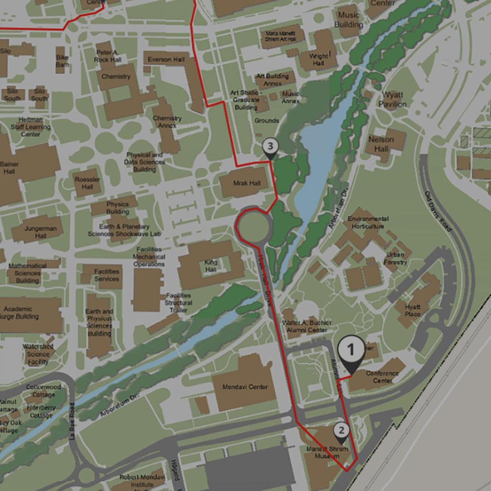 An overhead digital map of the UC Davis campus