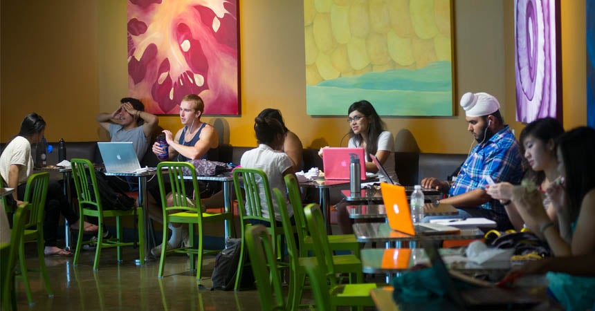 Small groups of students talking and studying in cafe