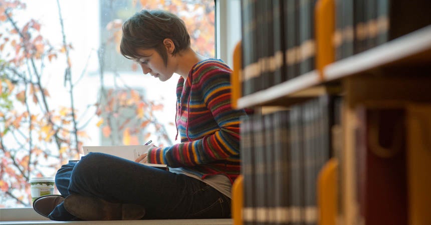 Student reading on sunny windowsill