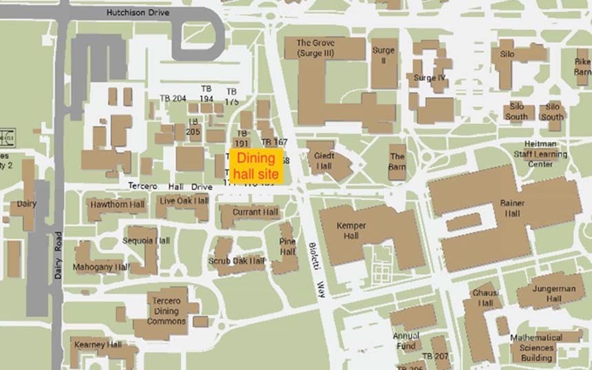 A map showing the site of the new dining hall west of Giedt Hall
