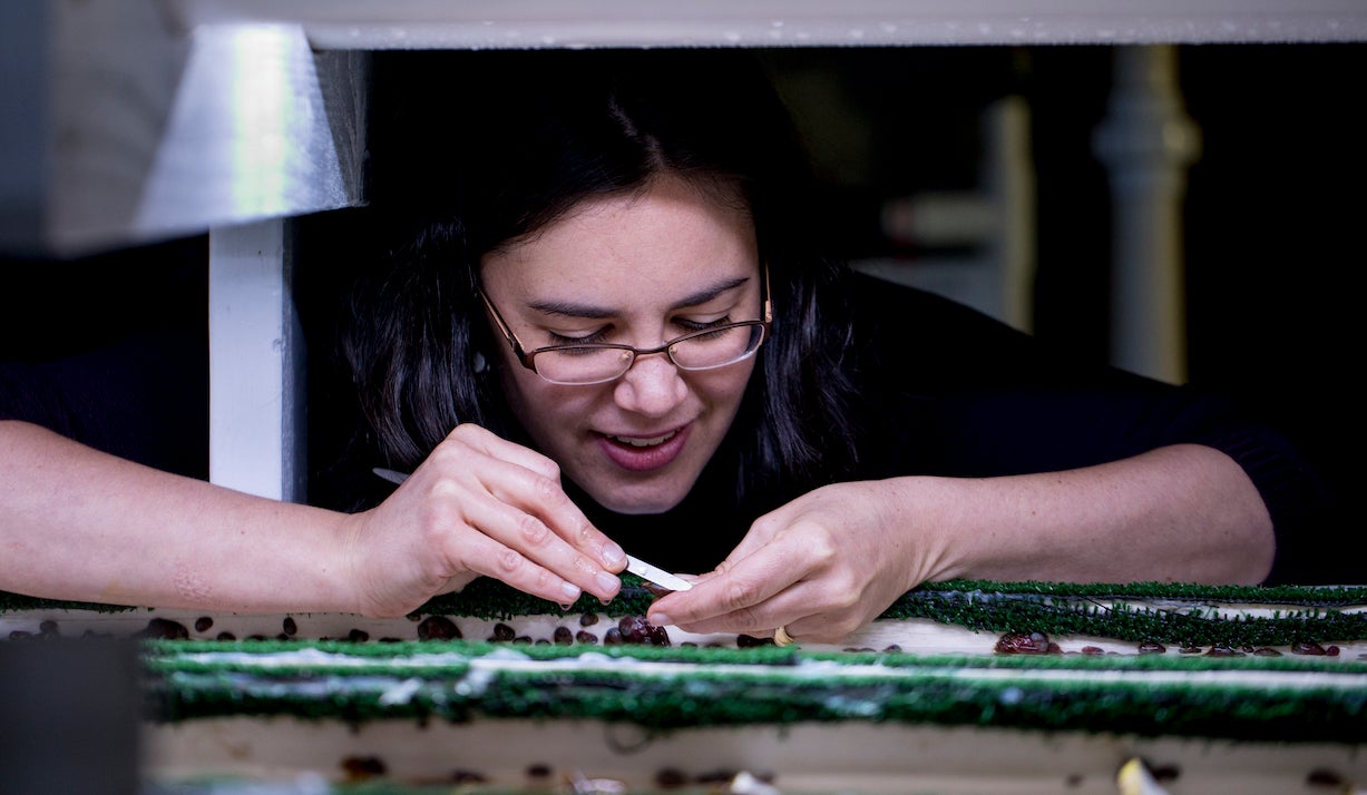 woman in lab with white abalone