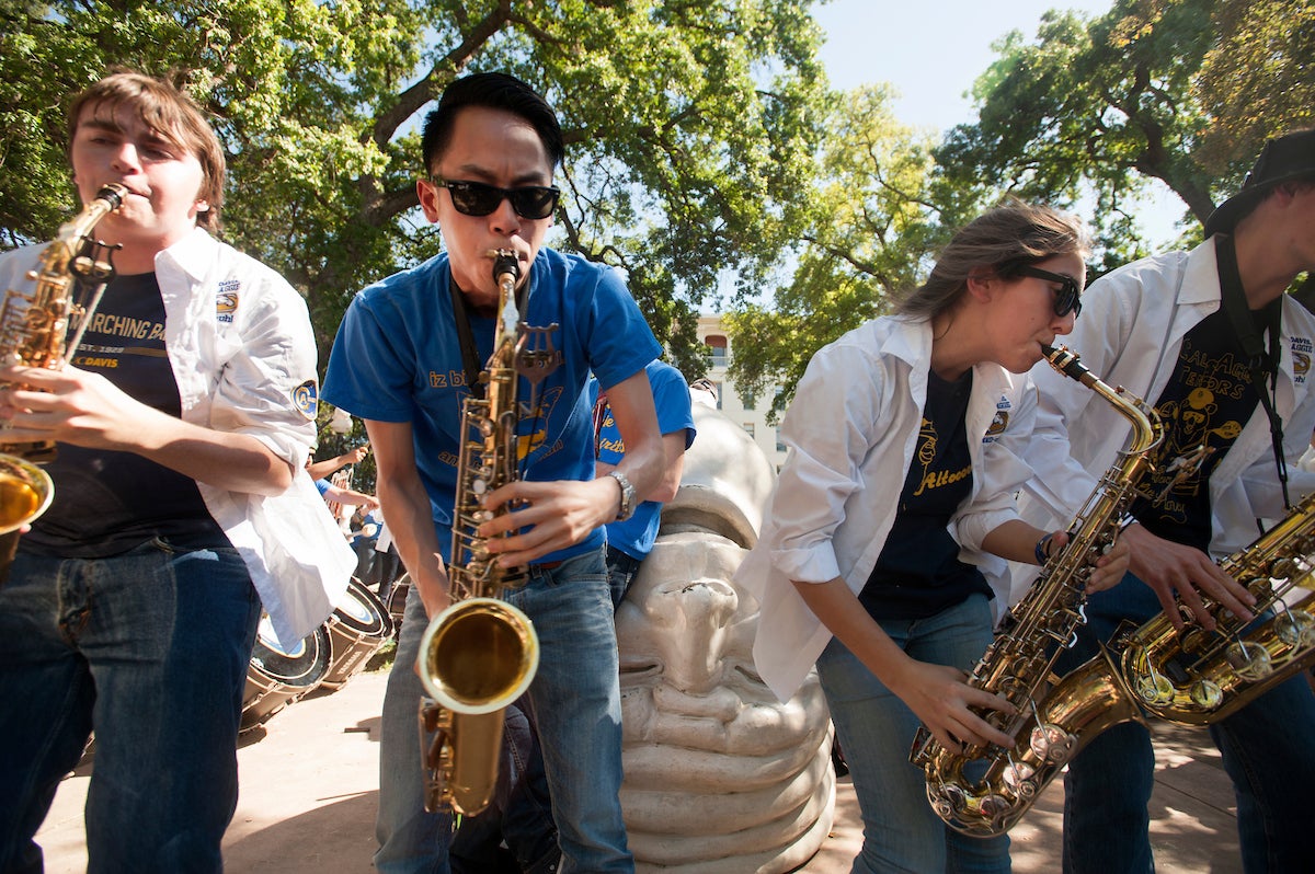 The UC Davis California Aggie Marching Band-Uh participates in the Battle of the Bands at Picnic Day.