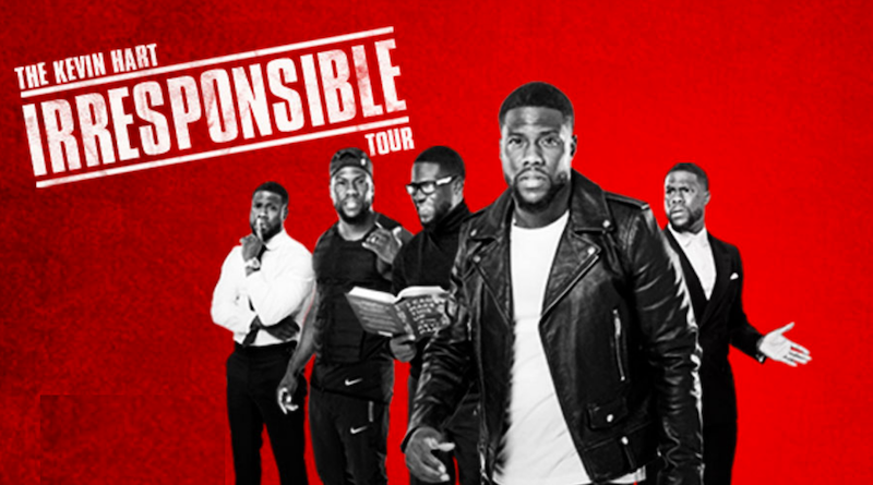 A promotional photo of Kevin Hart superimposed over a red background.