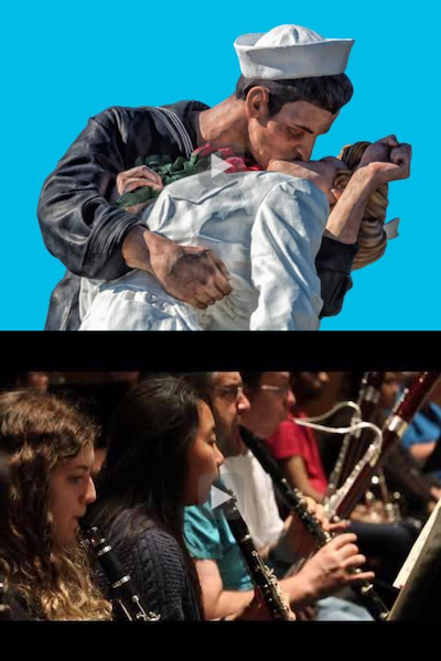 One image of a male sailor kissing a female civilan and anothe of student members of the UC Davis Orchestra.